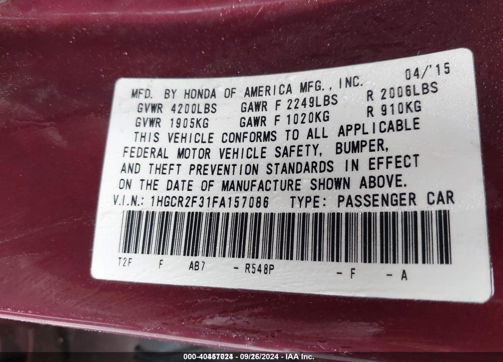 2015 HONDA ACCORD LX VIN: 1HGCR2F31FA157086