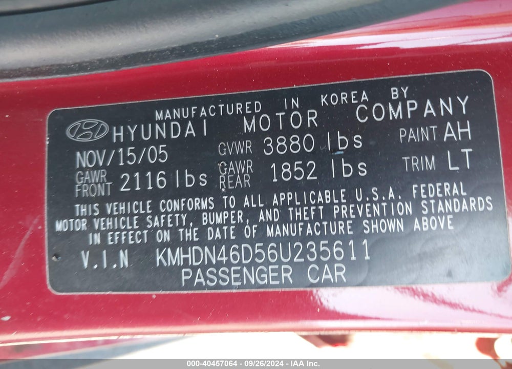 2006 HYUNDAI ELANTRA GLS/LIMITED VIN: KMHDN46D56U235611
