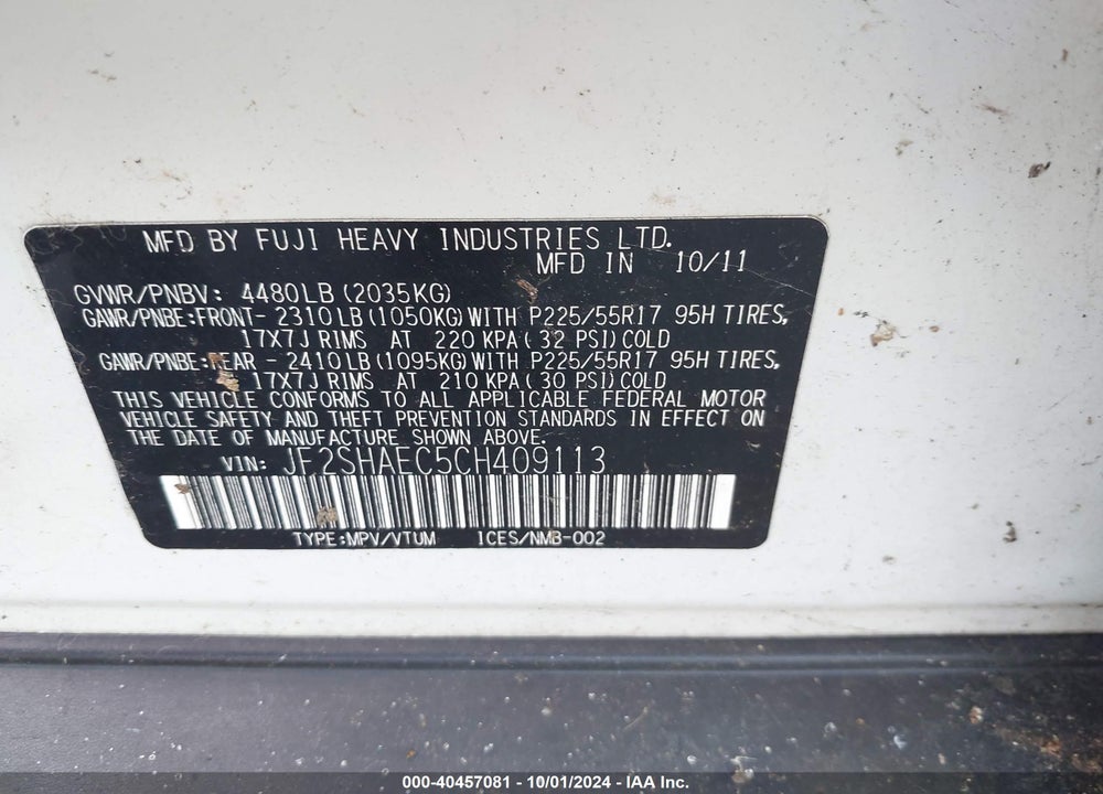 2012 SUBARU FORESTER 2.5X LIMITED VIN: JF2SHAEC5CH409113