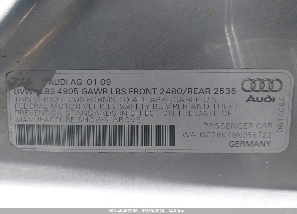 2009 AUDI A4 2.0T PREMIUM VIN: WAUSF78K49N056722
