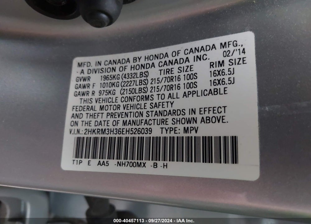 2014 HONDA CR-V LX VIN: 2HKRM3H36EH526039