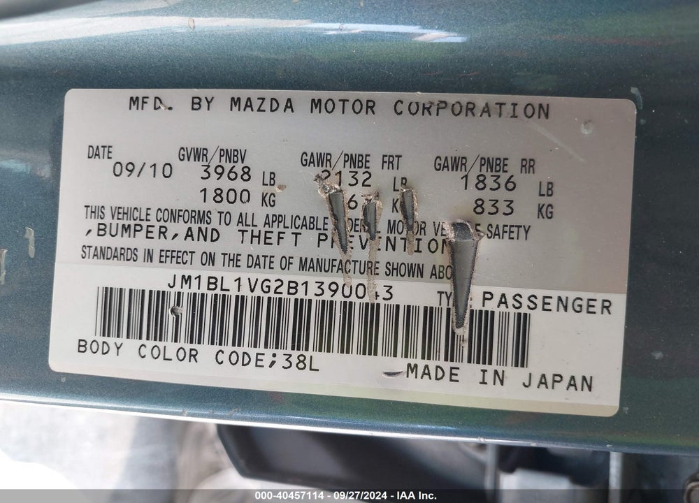 2011 MAZDA 3 I TOURING VIN: JM1BL1VG2B1390043