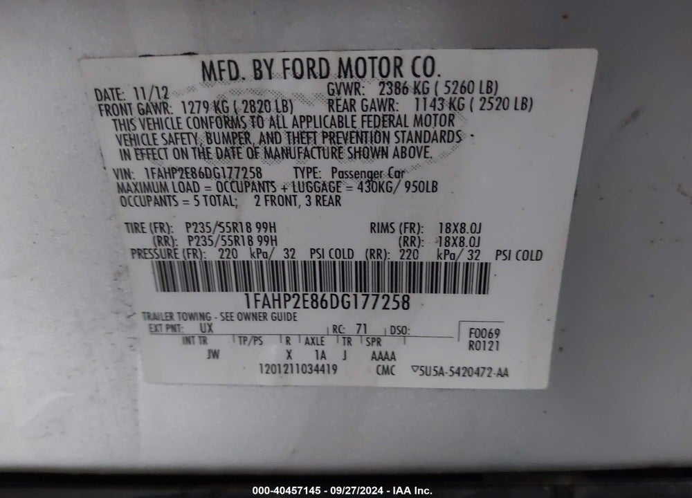 2013 FORD TAURUS SEL VIN: 1FAHP2E86DG177258