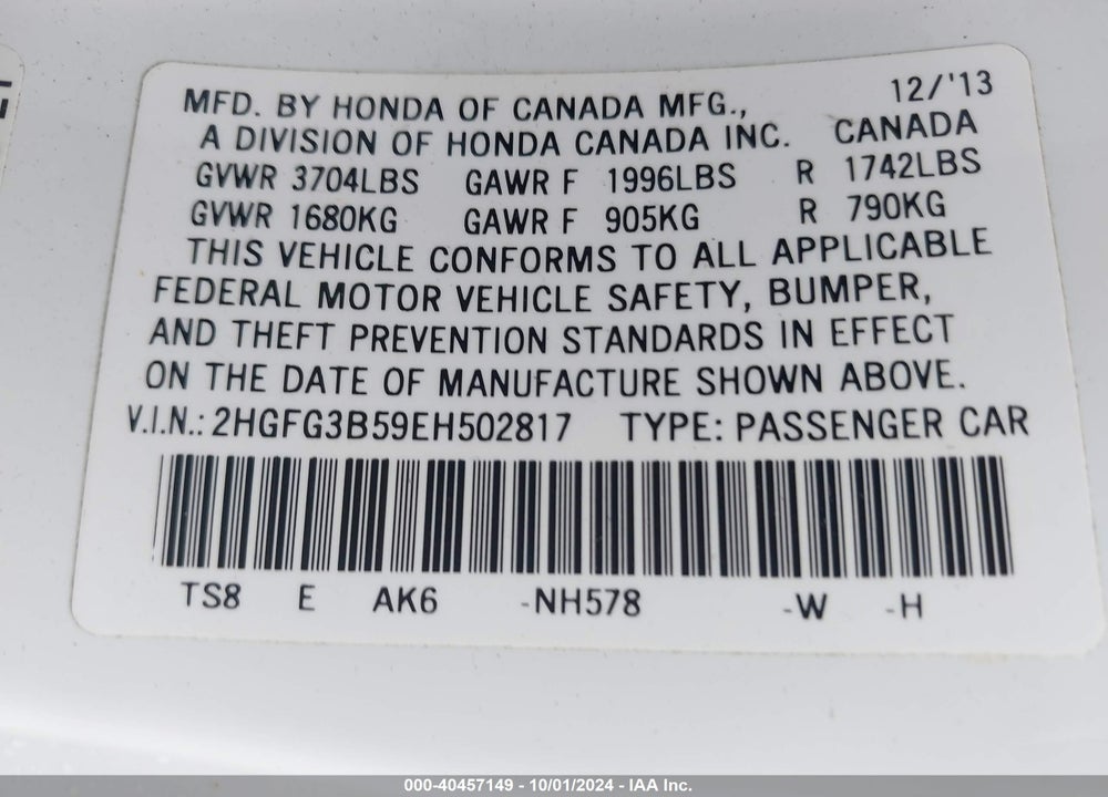 2014 HONDA CIVIC LX VIN: 2HGFG3B59EH502817