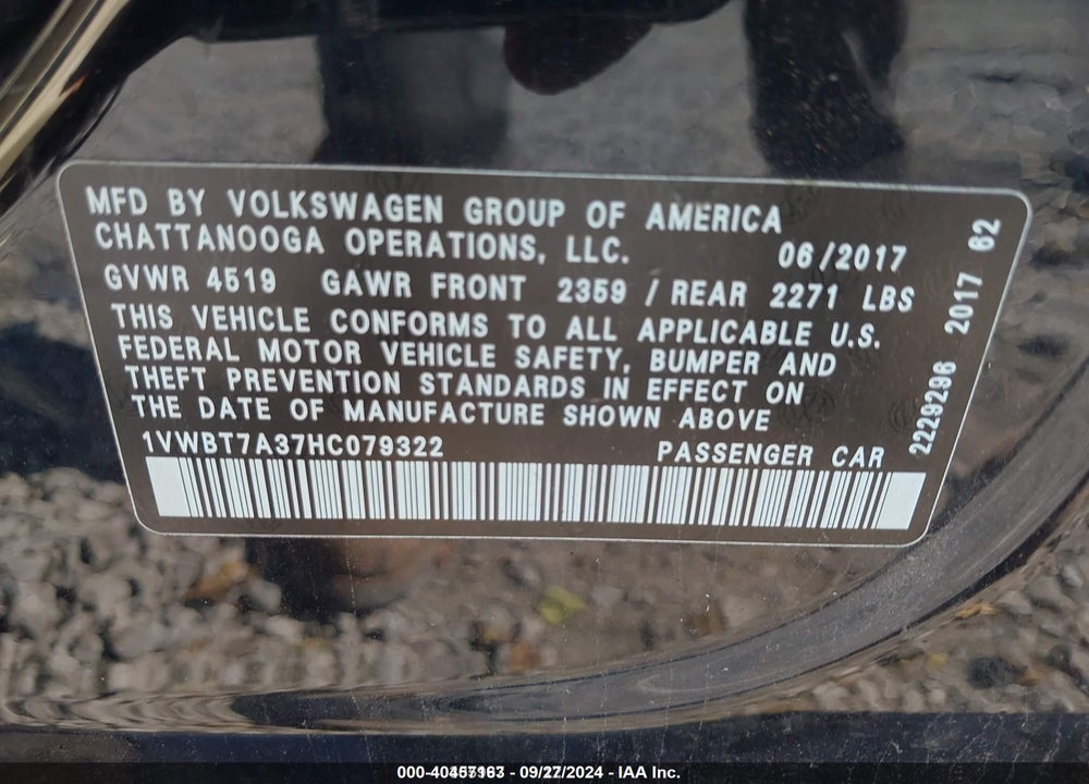2017 VOLKSWAGEN PASSAT VIN: 1VWBT7A37HC079322