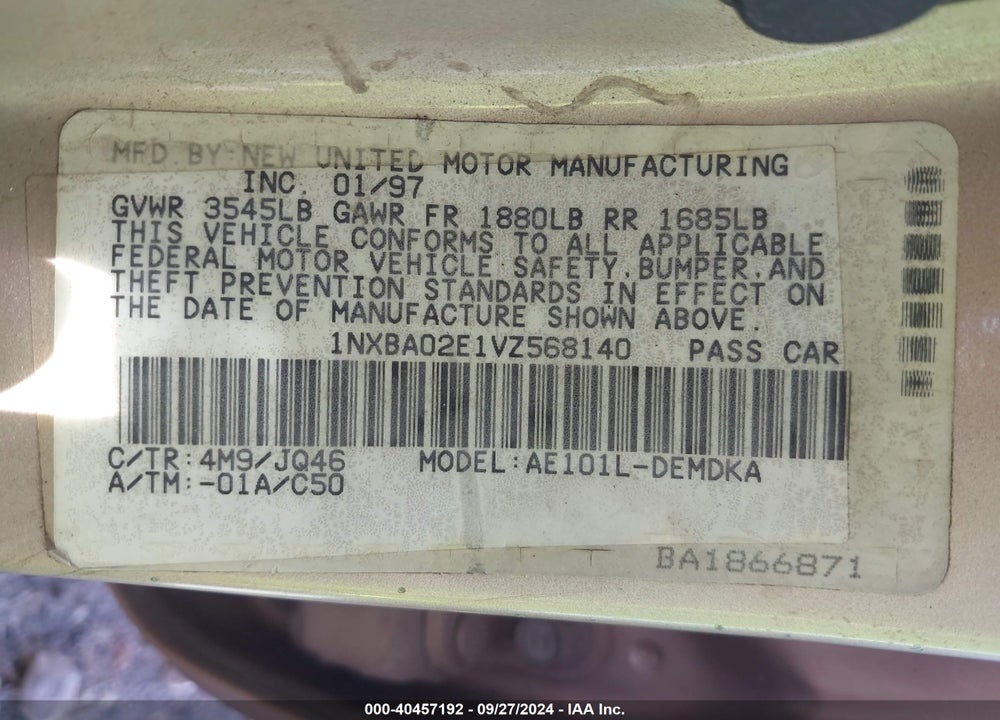 1997 TOYOTA COROLLA CE VIN: 1NXBA02E1VZ568140