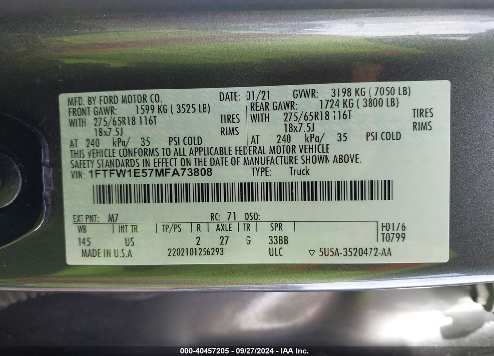 2021 FORD F-150 VIN: 1FTFW1E57MFA73808