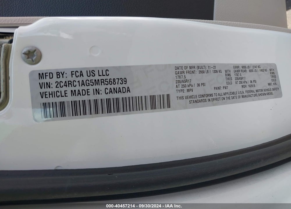 2021 CHRYSLER VOYAGER L VIN: 2C4RC1AG5MR568739