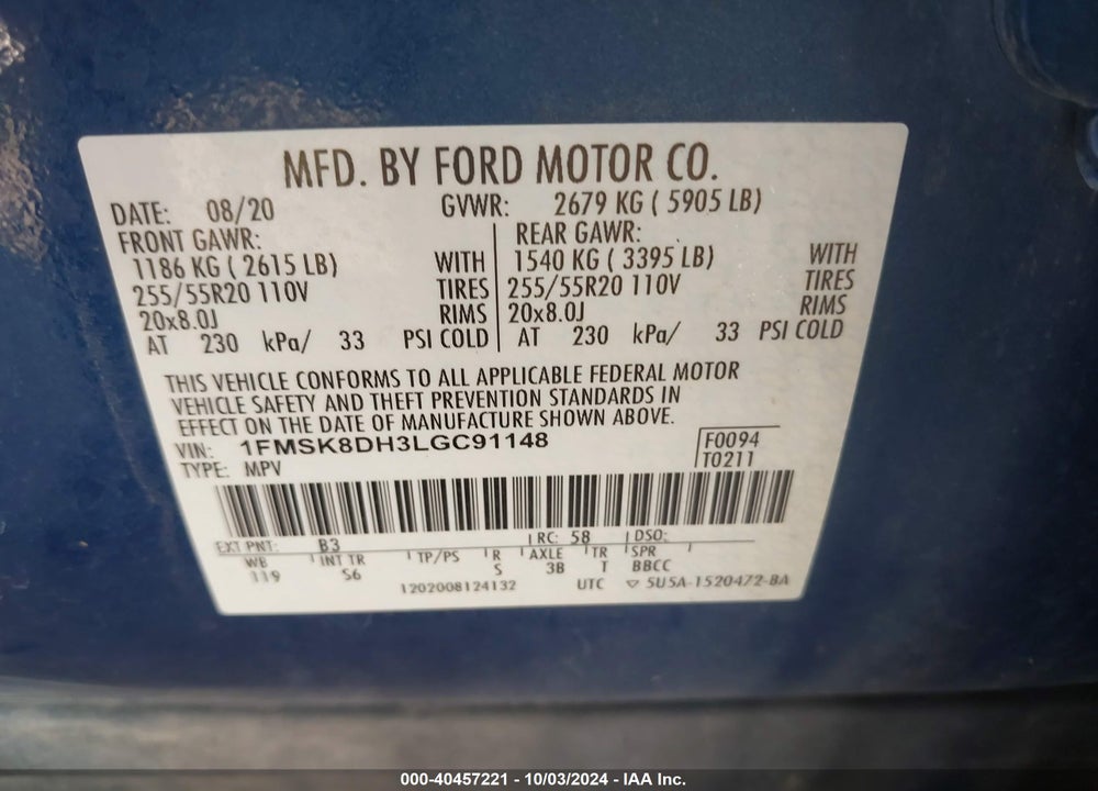 2020 FORD EXPLORER XLT VIN: 1FMSK8DH3LGC91148