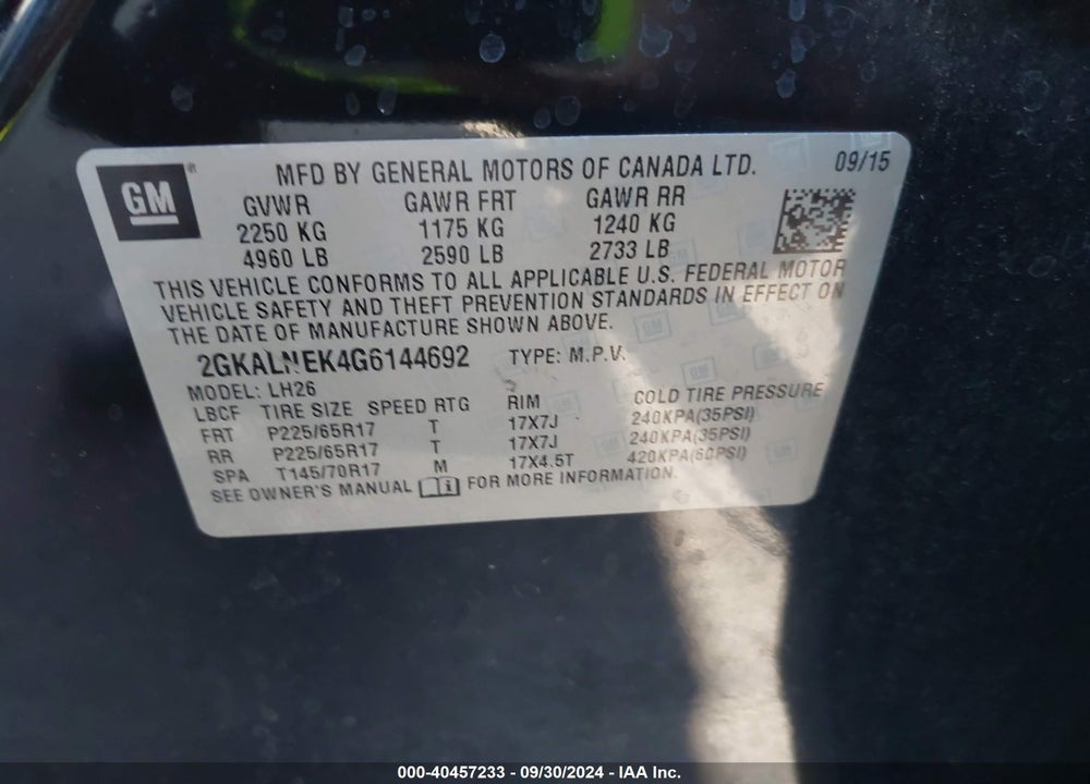 2016 GMC TERRAIN SLE-2 VIN: 2GKALNEK4G6144692