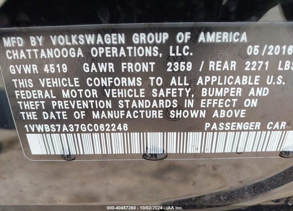 2016 VOLKSWAGEN PASSAT VIN: 1VWBS7A37GC062246