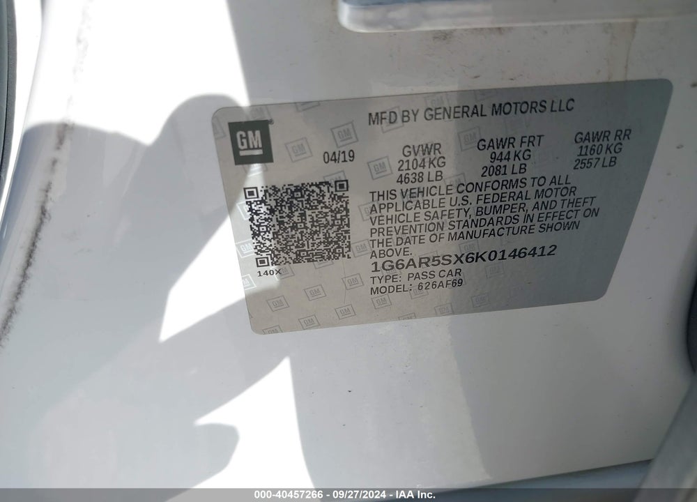 2019 CADILLAC CTS LUXURY VIN: 1G6AR5SX6K0146412