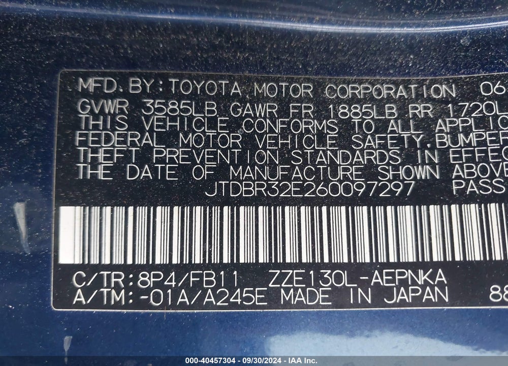 2006 TOYOTA COROLLA LE VIN: JTDBR32E260097297