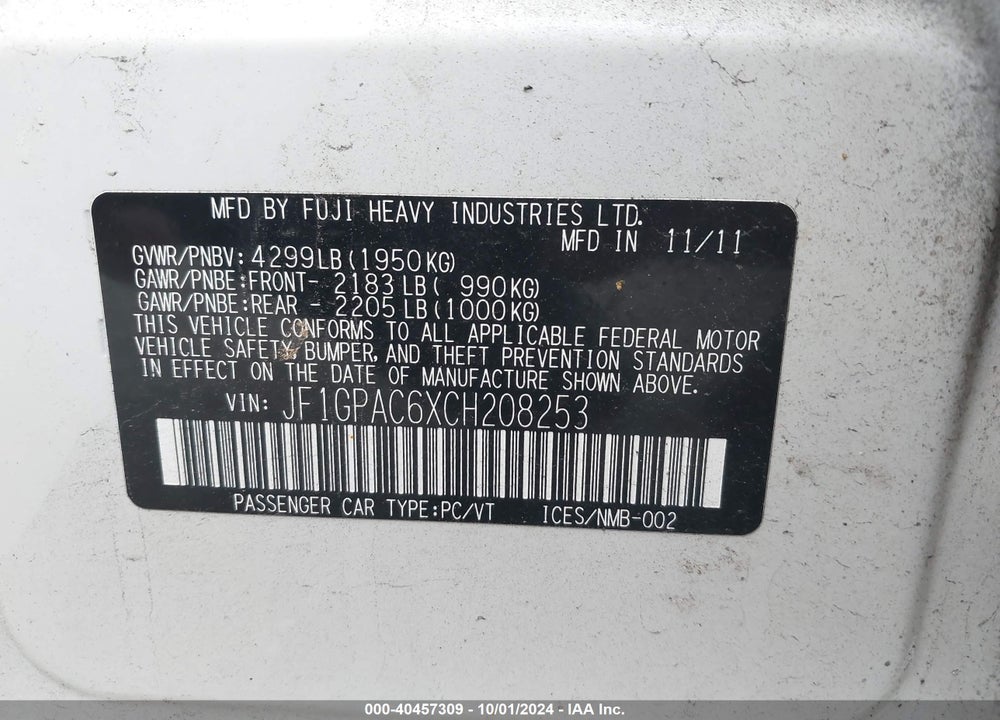 2012 SUBARU IMPREZA 2.0I PREMIUM VIN: JF1GPAC6XCH208253