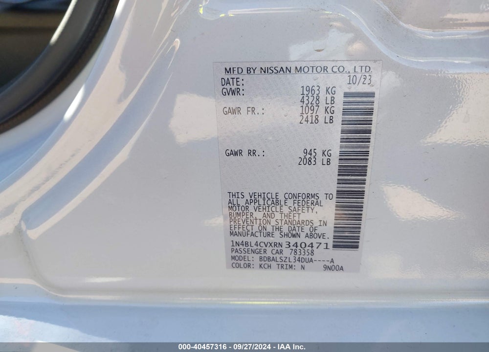 2024 NISSAN ALTIMA SR FWD VIN: 1N4BL4CVXRN340471