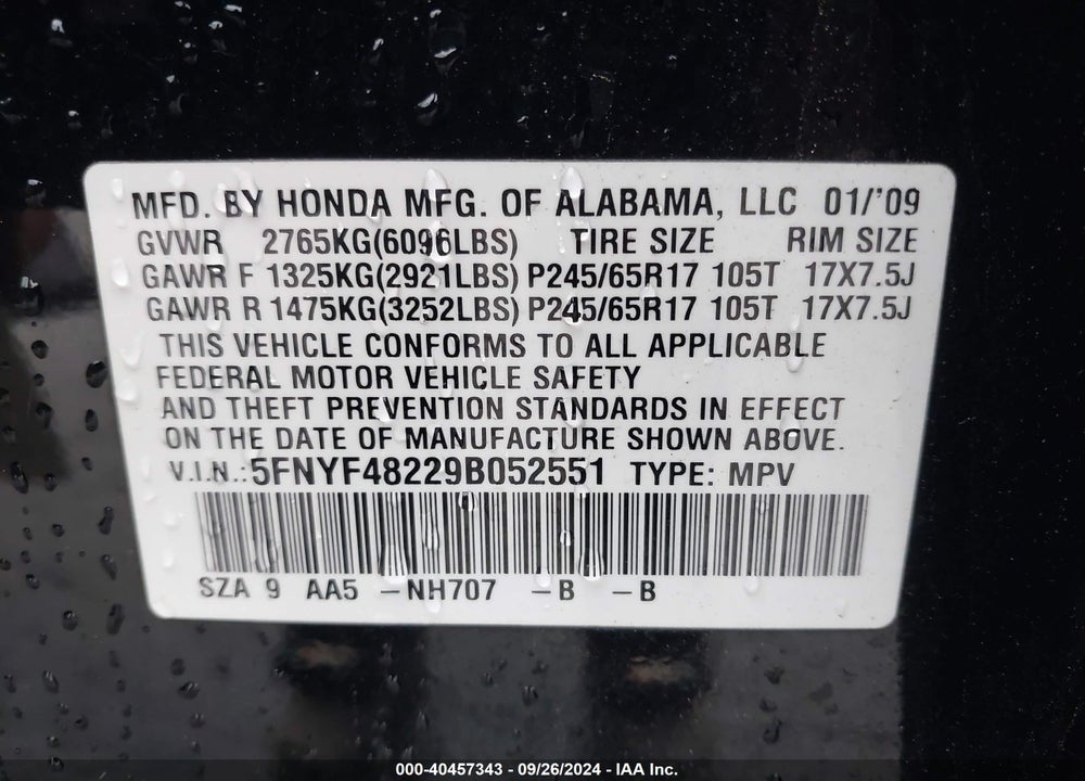 2009 HONDA PILOT LX VIN: 5FNYF48229B052551