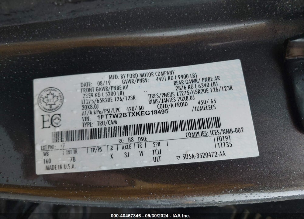 2019 FORD F-250 PLATINUM VIN: 1FT7W2BTXKEG18495