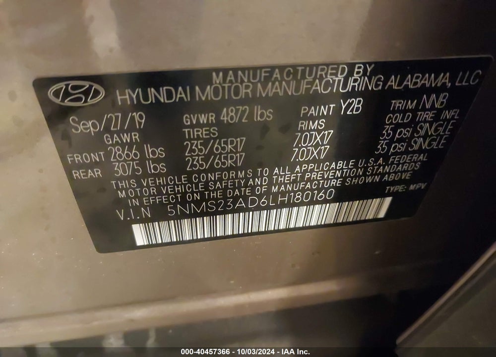 2020 HYUNDAI SANTA FE SE VIN: 5NMS23AD6LH180160