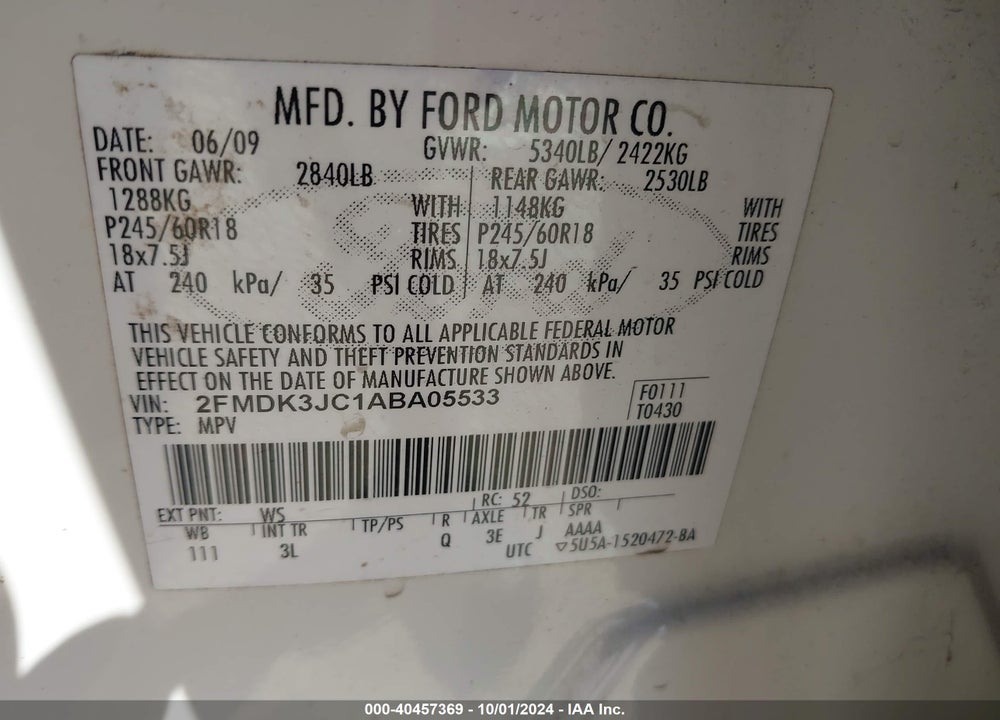 2010 FORD EDGE SEL VIN: 2FMDK3JC1ABA05533