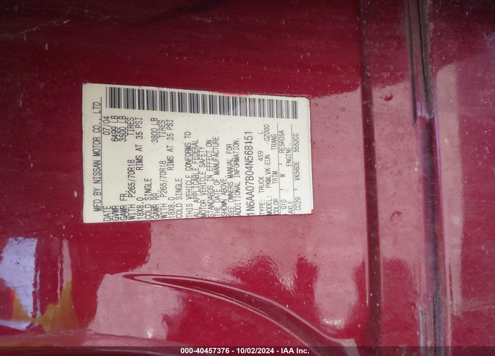 2004 NISSAN TITAN LE VIN: 1N6AA07B04N568151