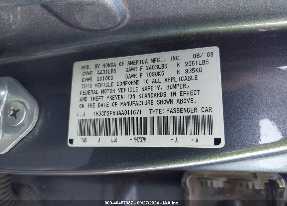 2010 HONDA ACCORD 2.4 EX-L VIN: 1HGCP2F83AA011671