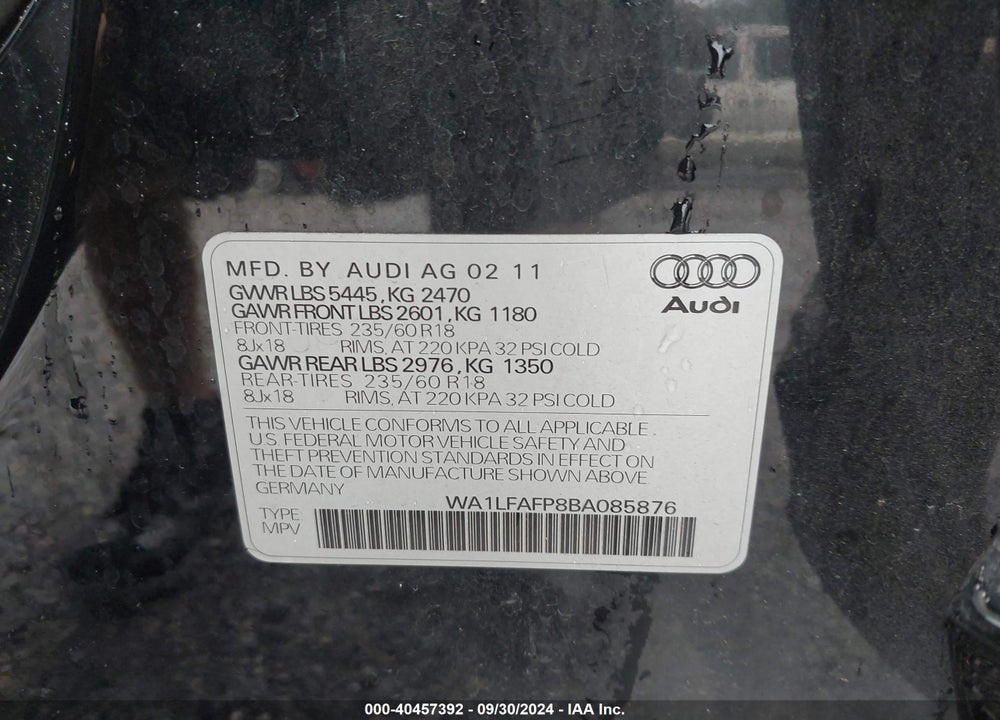 2011 AUDI Q5 2.0T PREMIUM VIN: WA1LFAFP8BA085876