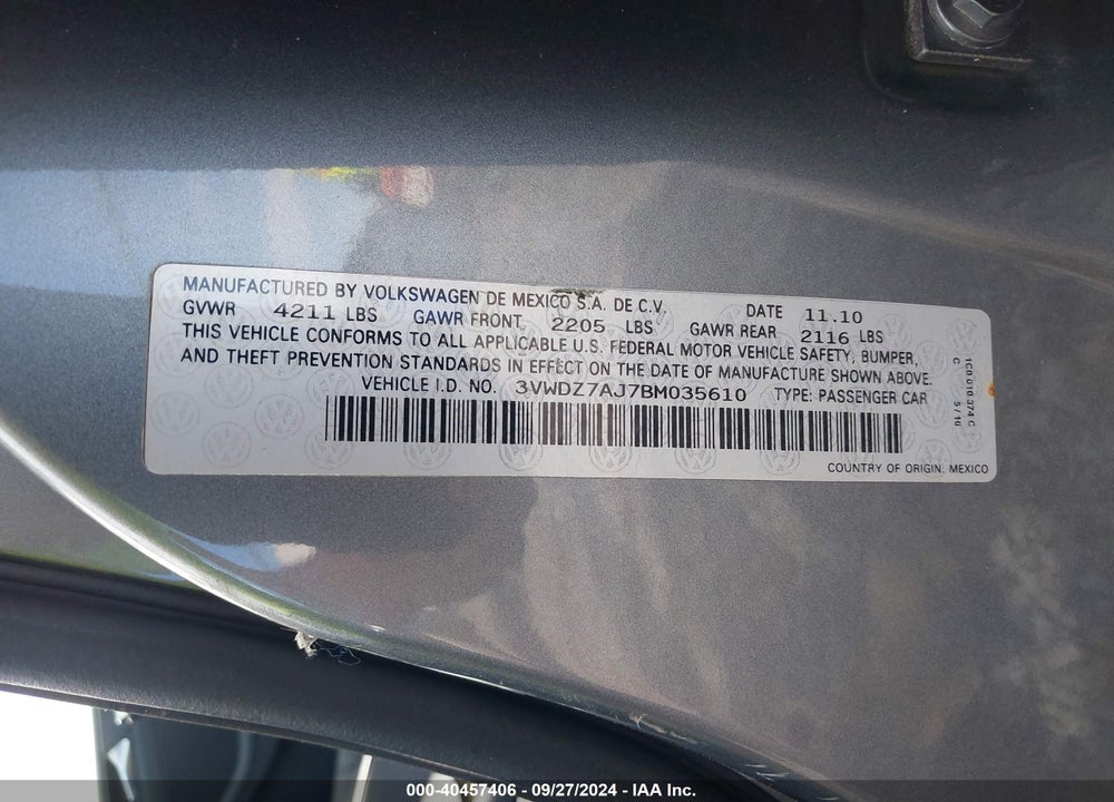 2011 VOLKSWAGEN JETTA 2.5L SE VIN: 3VWDZ7AJ7BM035610
