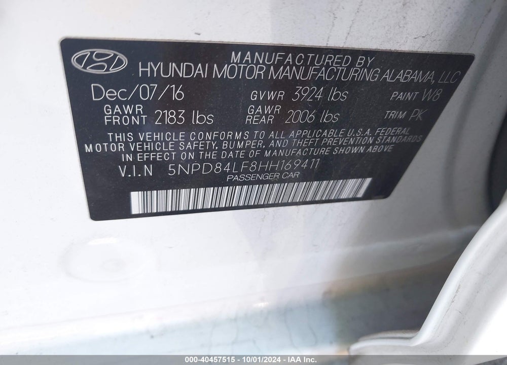 2017 HYUNDAI ELANTRA SE VIN: 5NPD84LF8HH169411