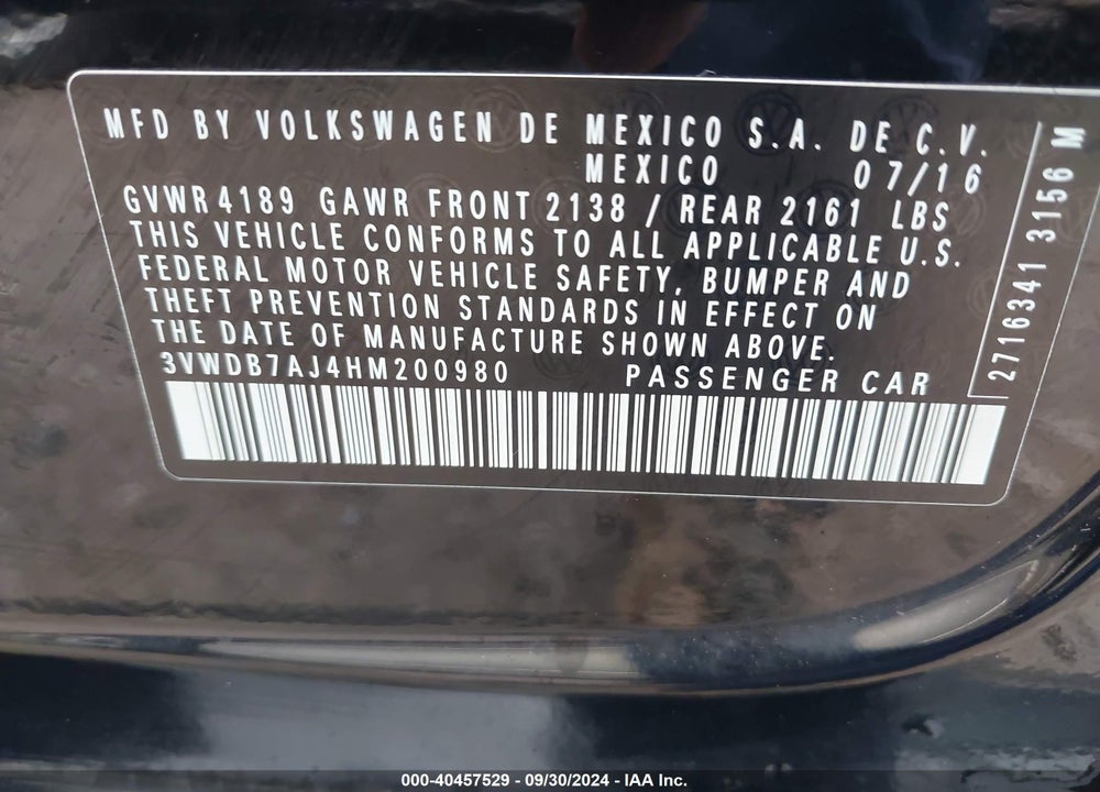 2017 VOLKSWAGEN JETTA 1.4T SE VIN: 3VWDB7AJ4HM200980