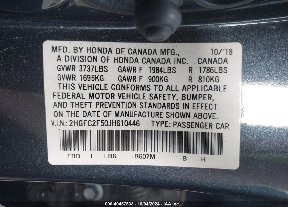 2018 HONDA CIVIC LX VIN: 2HGFC2F50JH610446