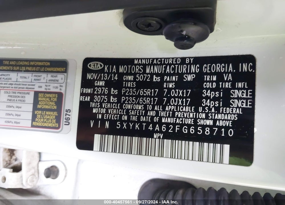2015 KIA SORENTO LX VIN: 5XYKT4A62FG658710