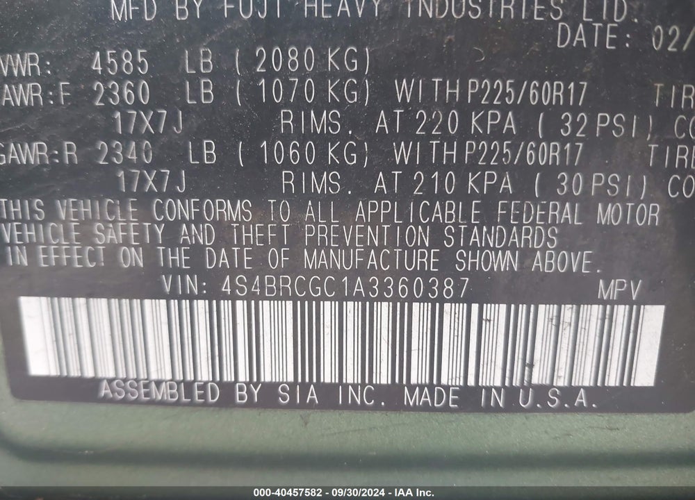 2010 SUBARU OUTBACK 2.5I PREMIUM VIN: 4S4BRCGC1A3360387