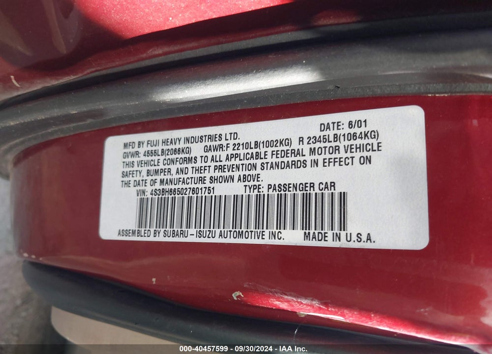 2002 SUBARU OUTBACK VIN: 4S3BH665027601751
