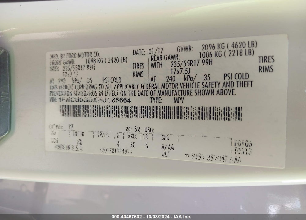 2017 FORD ESCAPE SE VIN: 1FMCU0GDXHUC65664