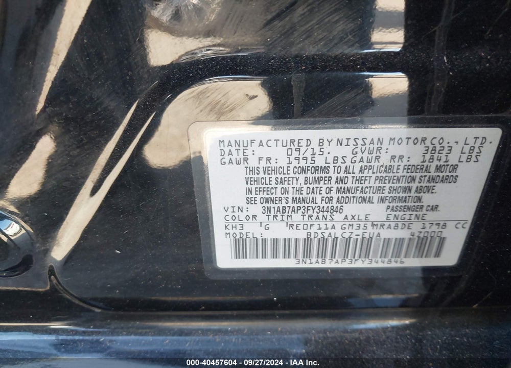 2015 NISSAN SENTRA S VIN: 3N1AB7AP3FY344846