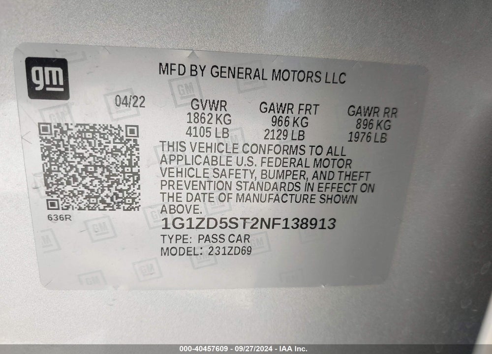 2022 CHEVROLET MALIBU FWD LT VIN: 1G1ZD5ST2NF138913