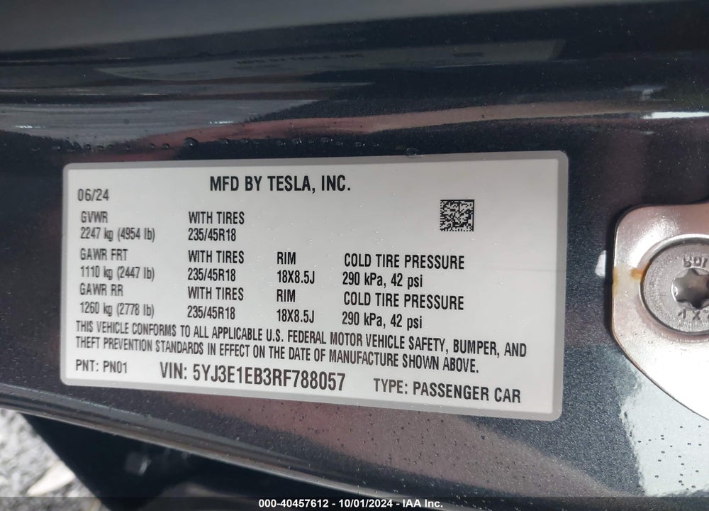 2024 TESLA MODEL 3 LONG RANGE DUAL MOTOR ALL-WHEEL DRIVE VIN: 5YJ3E1EB3RF788057