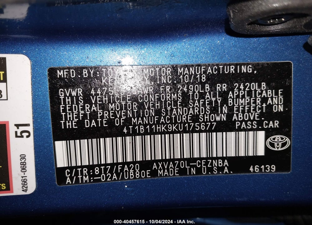 2019 TOYOTA CAMRY LE VIN: 4T1B11HK9KU175677