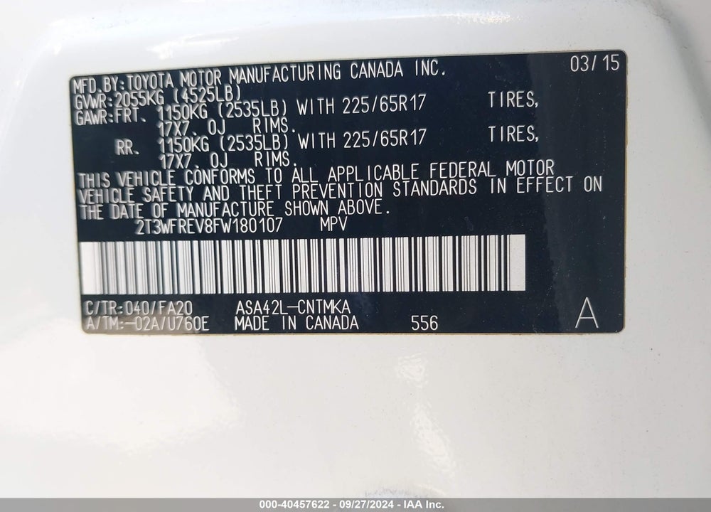2015 TOYOTA RAV4 XLE VIN: 2T3WFREV8FW180107