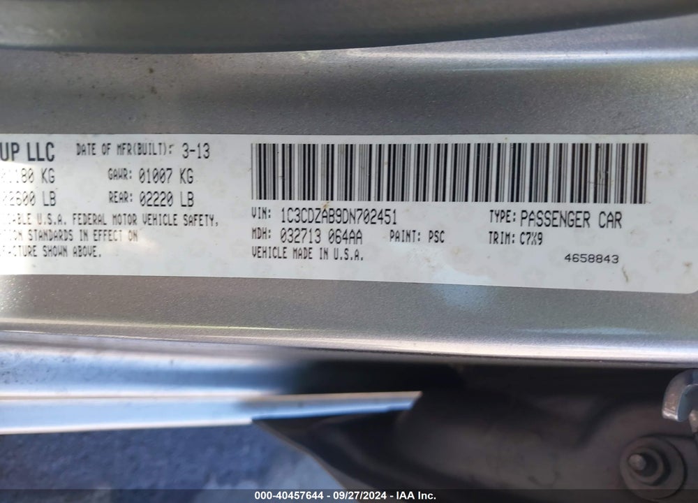 2013 DODGE AVENGER SE VIN: 1C3CDZAB9DN702451