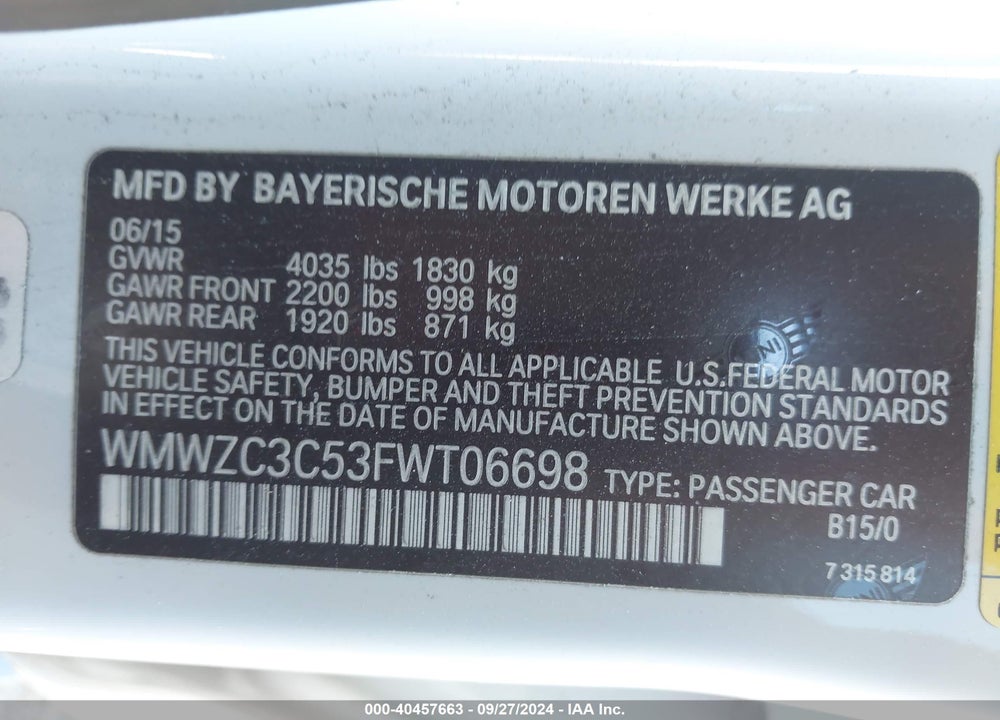 2015 MINI COUNTRYMAN COOPER S VIN: WMWZC3C53FWT06698