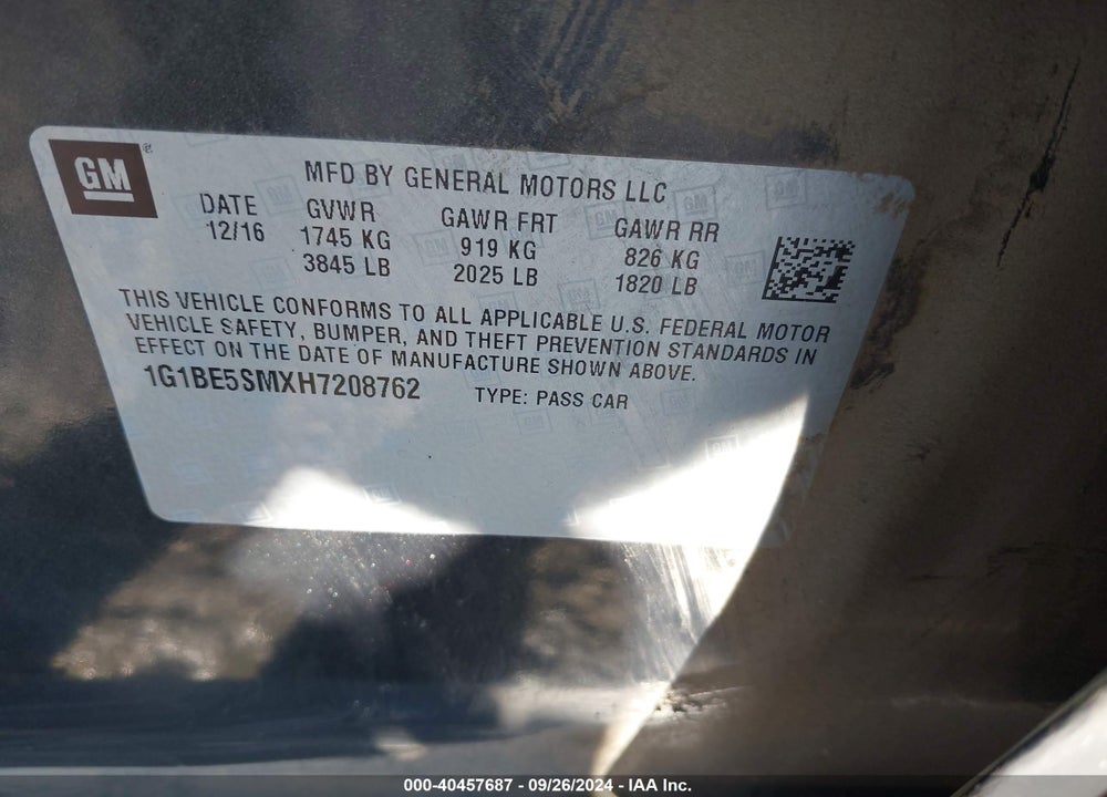 2017 CHEVROLET CRUZE LT AUTO VIN: 1G1BE5SMXH7208762