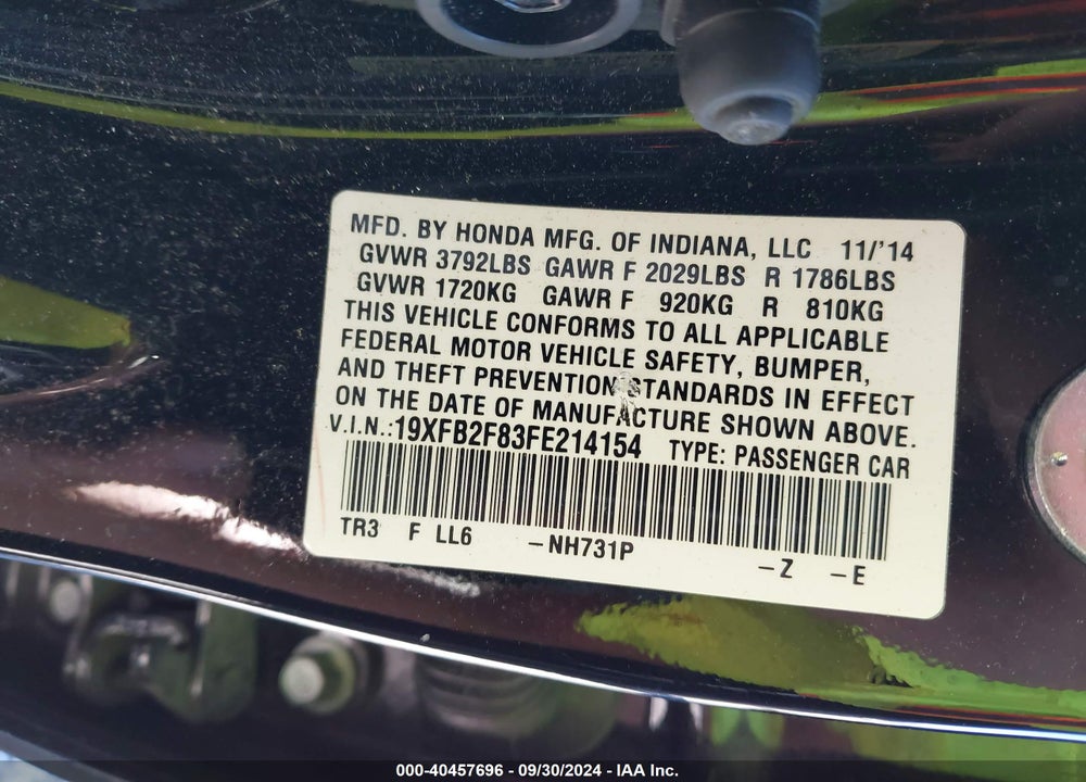 2015 HONDA CIVIC EX VIN: 19XFB2F83FE214154