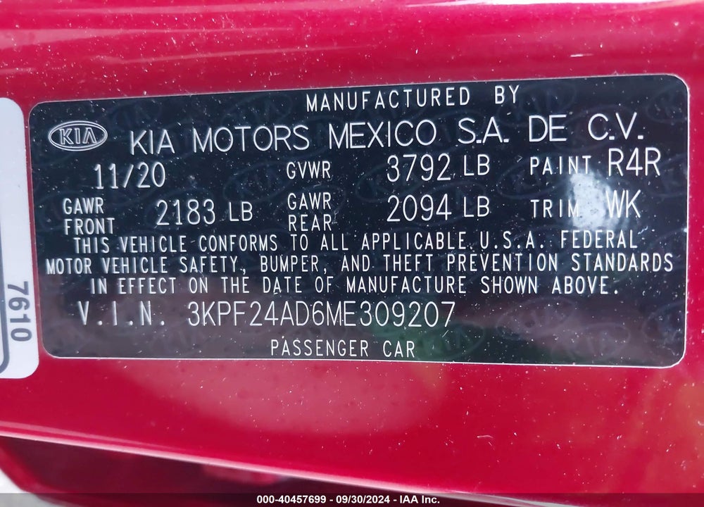 2021 KIA FORTE LXS VIN: 3KPF24AD6ME309207