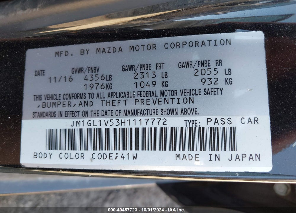 2017 MAZDA 6 TOURING VIN: JM1GL1V53H1117772