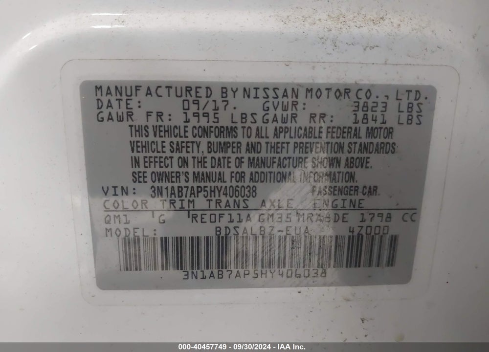 2017 NISSAN SENTRA S/SV/SR/SL VIN: 3N1AB7AP5HY406038