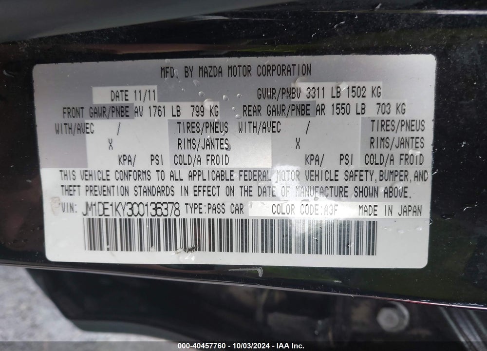 2012 MAZDA 2 SPORT VIN: JM1DE1KY3C0136378
