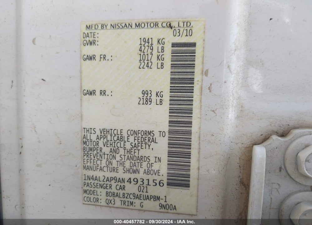 2010 NISSAN ALTIMA 2.5 S VIN: 1N4AL2AP9AN493156