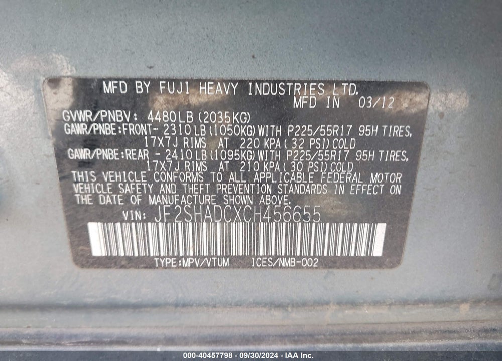 2012 SUBARU FORESTER 2.5X PREMIUM VIN: JF2SHADCXCH456655