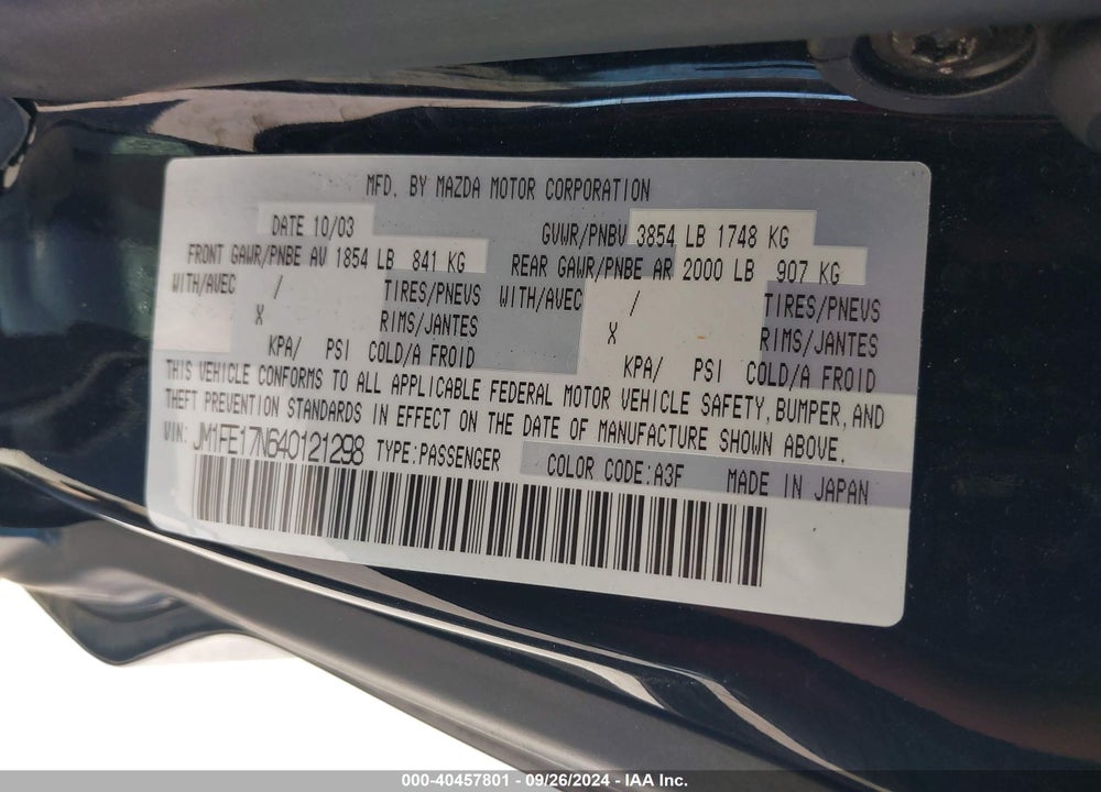 2004 MAZDA RX-8 SPORT AUTOMATIC VIN: JM1FE17N640121298
